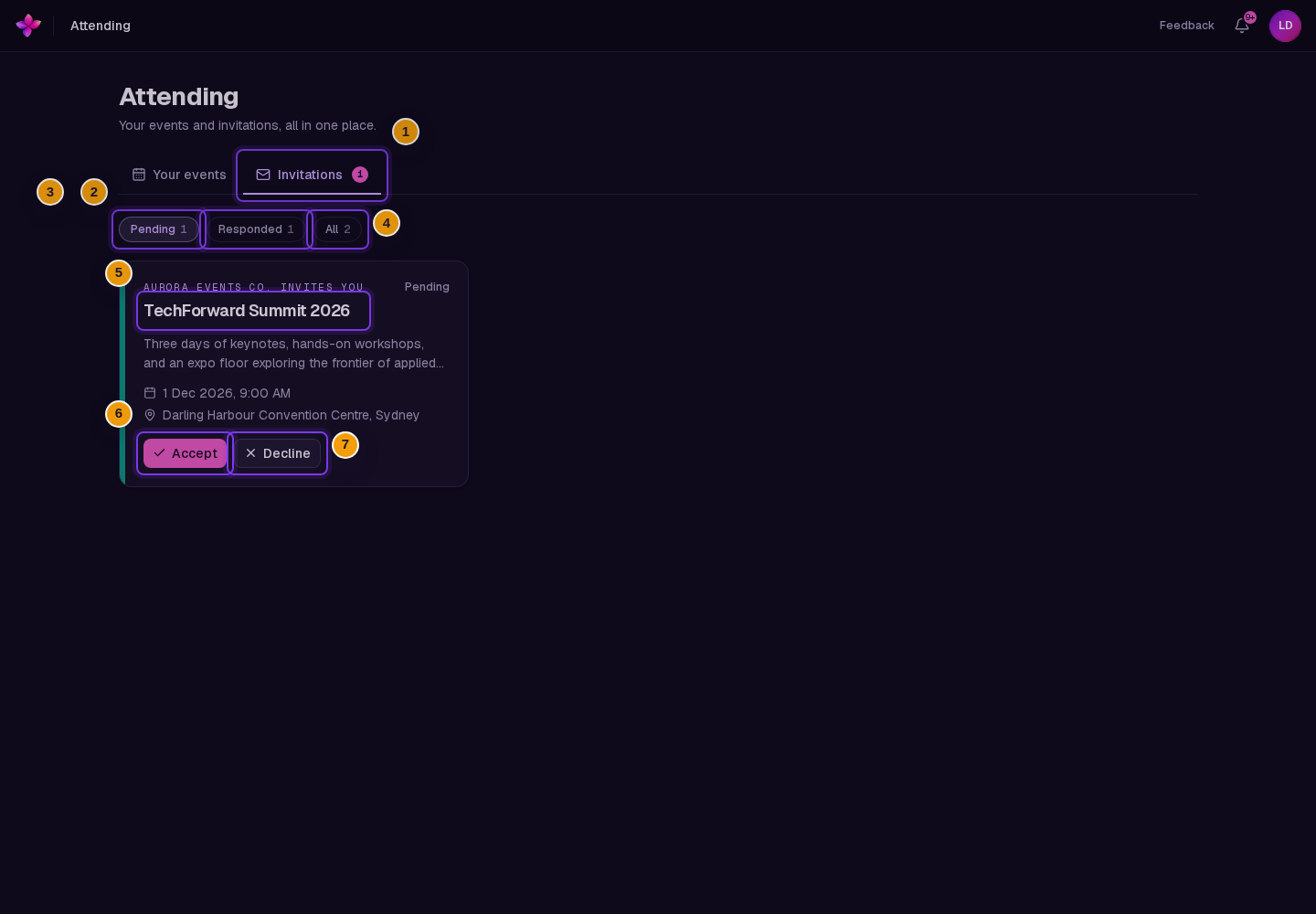 Pending, Responded and All filters visible, plus invitation cards showing response statuses and Accept or Decline controls