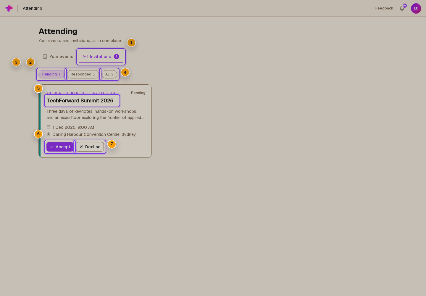 Pending, Responded and All filters visible, plus invitation cards showing response statuses and Accept or Decline controls