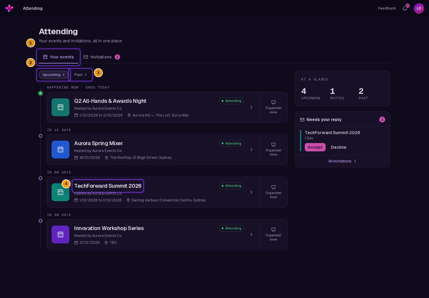 Upcoming and Past filters visible, and example event cards showing dates, locations and attendee statuses