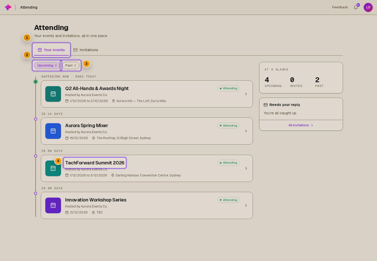 Upcoming and Past filters visible, and example event cards showing dates, locations and attendee statuses