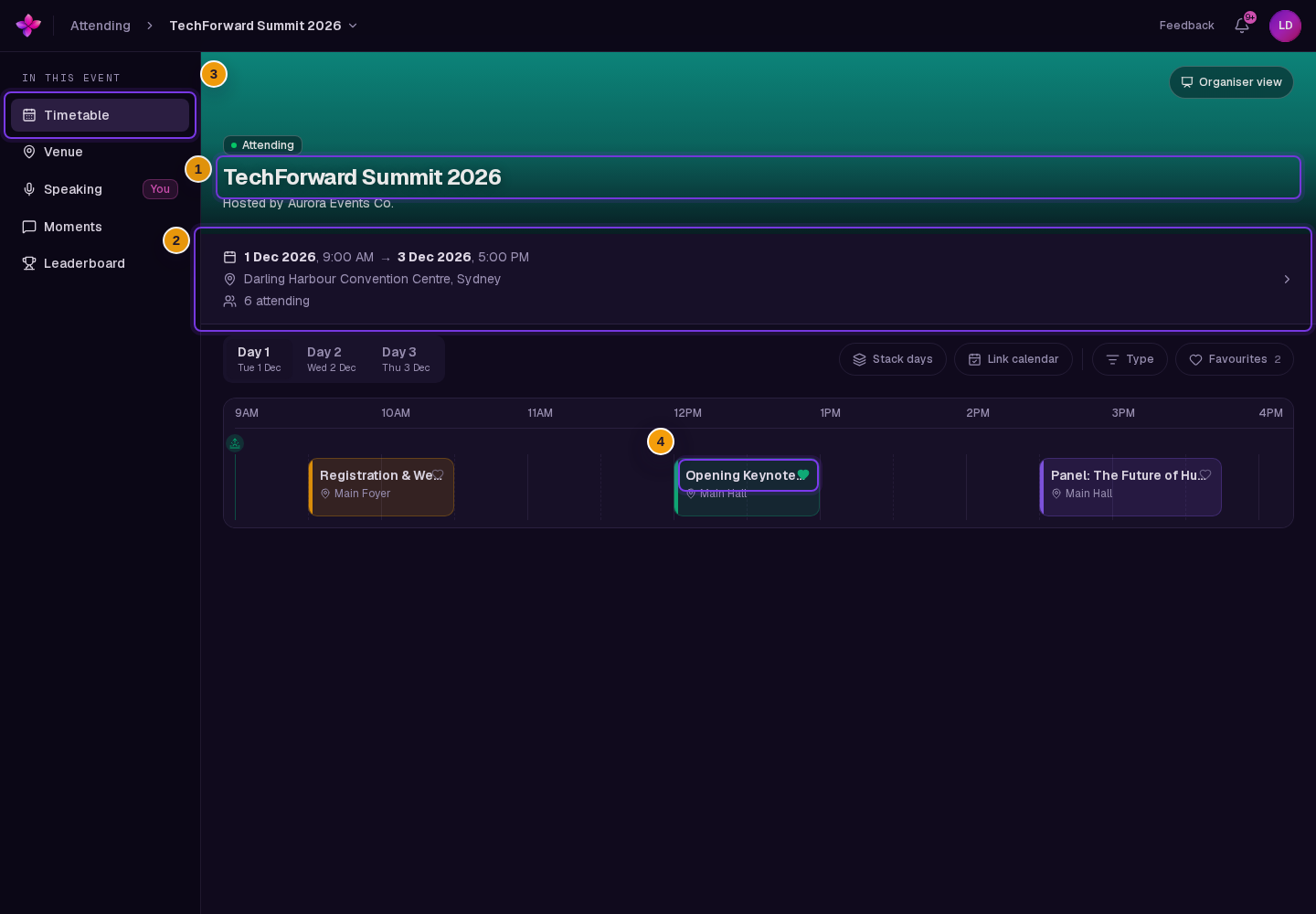 The event banner, event information bar, Timetable selected and the attendee event navigation