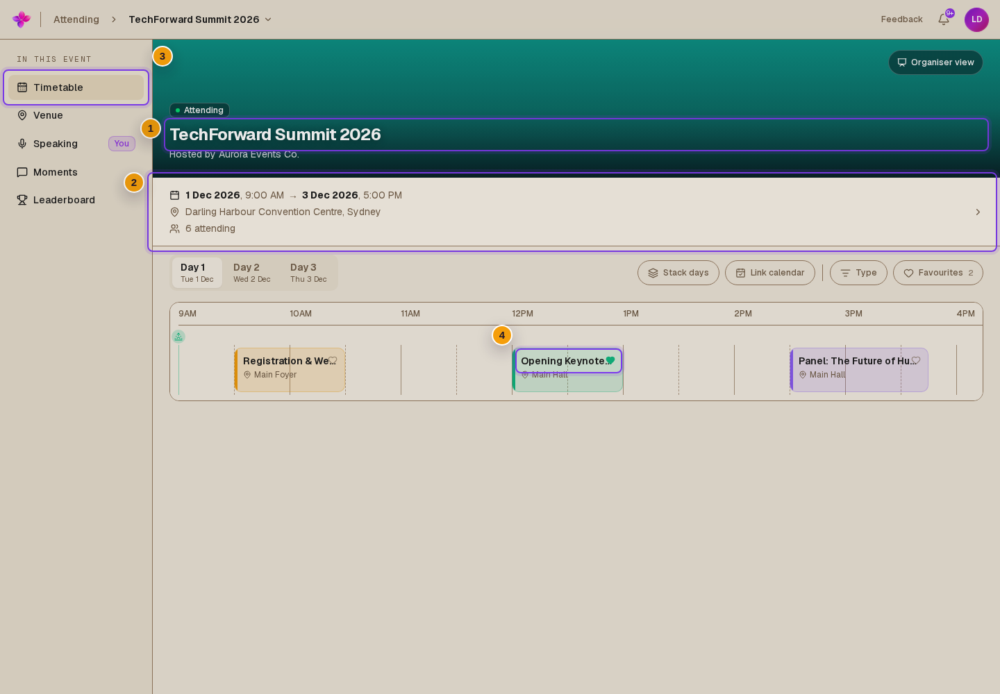 The event banner, event information bar, Timetable selected and the attendee event navigation