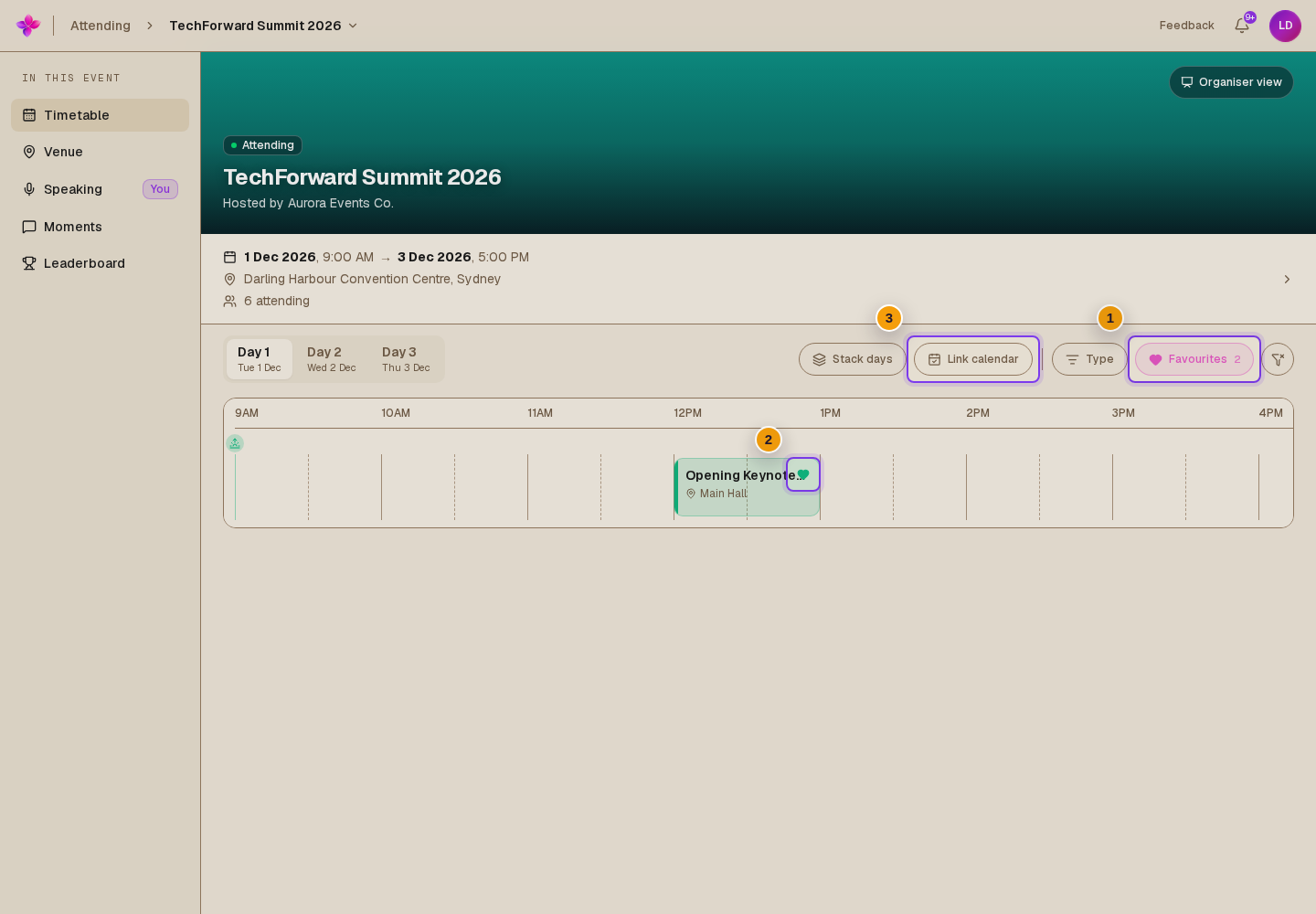 The Favourites filter active, its saved-session count visible, and Link calendar in the timetable toolbar