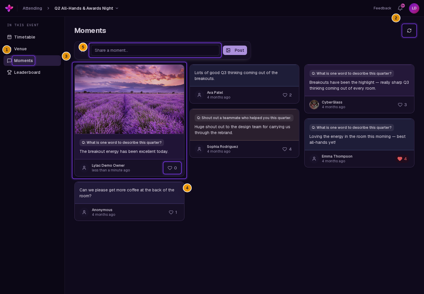 The refresh control, moment cards containing text and an image, author details, heart counts, and the desktop posting controls visible