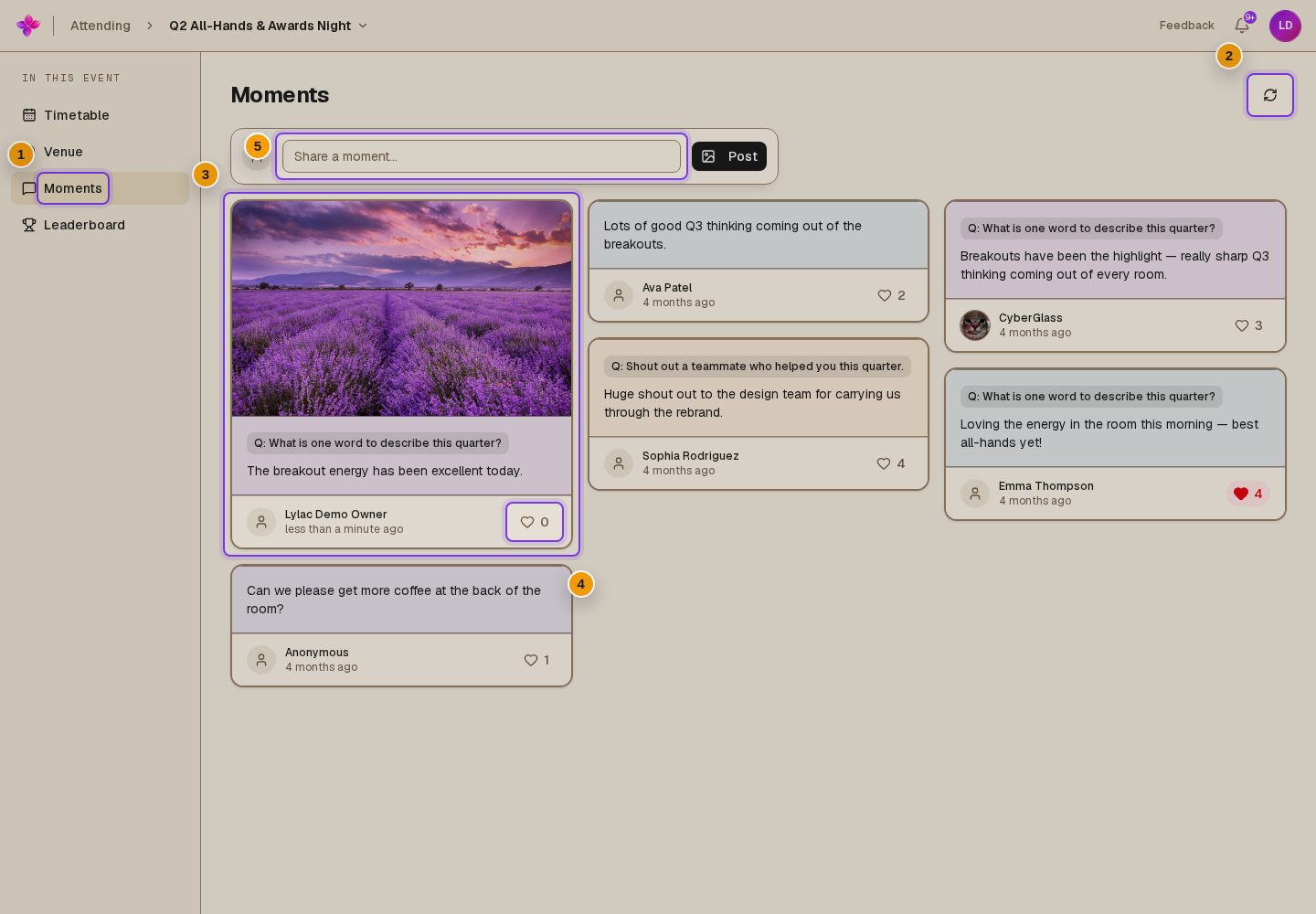The refresh control, moment cards containing text and an image, author details, heart counts, and the desktop posting controls visible