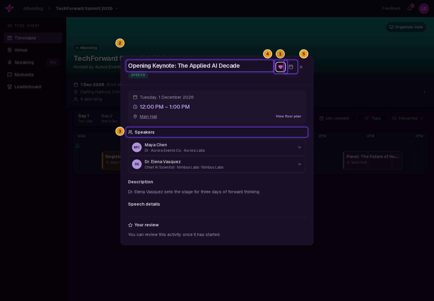 Title, type, date, time, location, speakers, description and the favourite and calendar actions