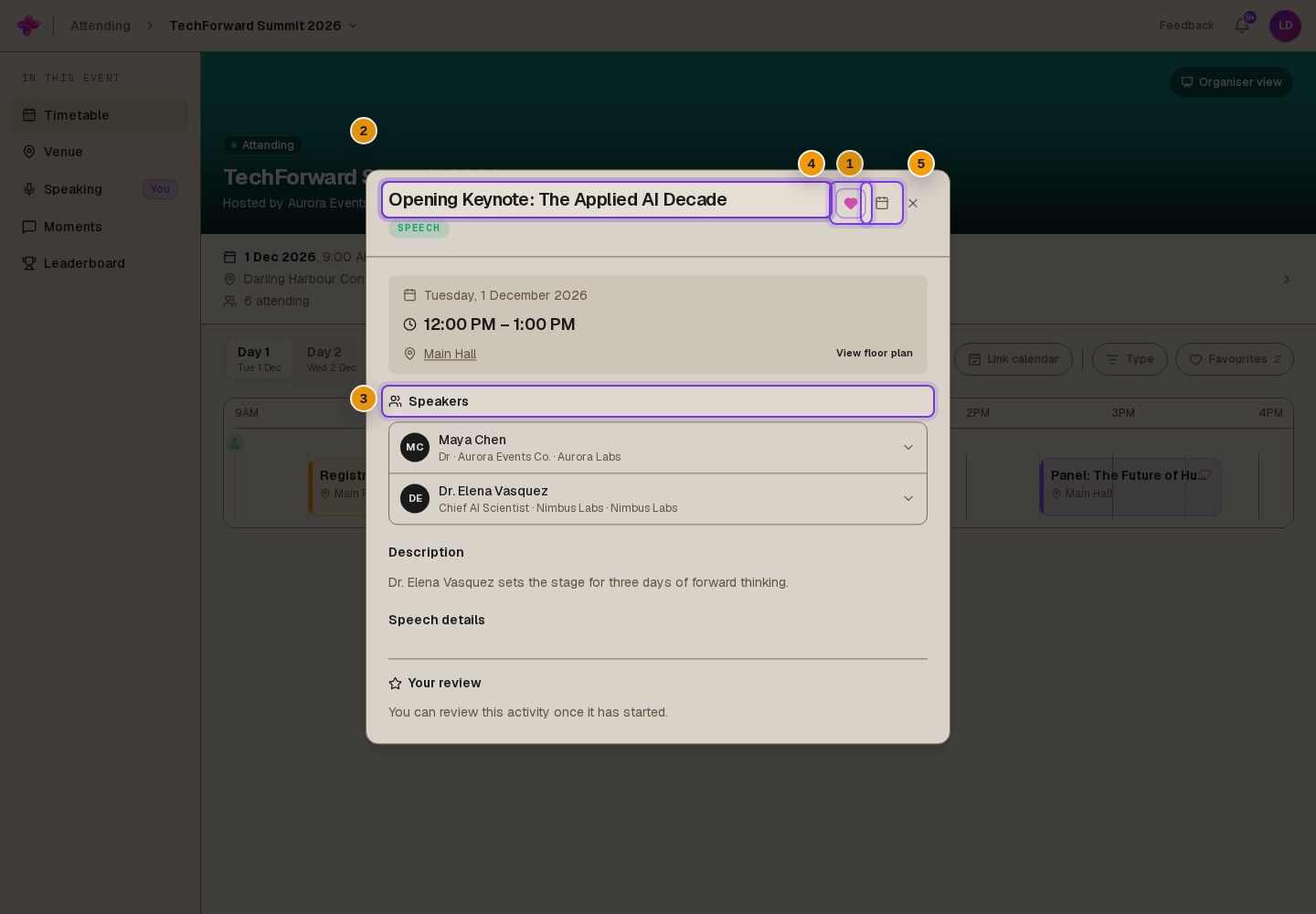 Title, type, date, time, location, speakers, description and the favourite and calendar actions