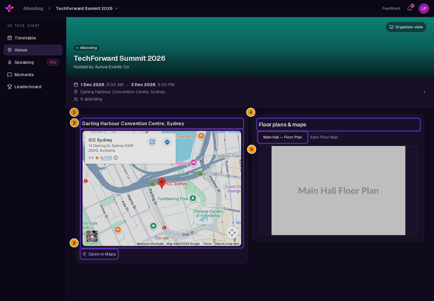 Embedded map, Open in Maps, and multiple named floor-plan controls visible