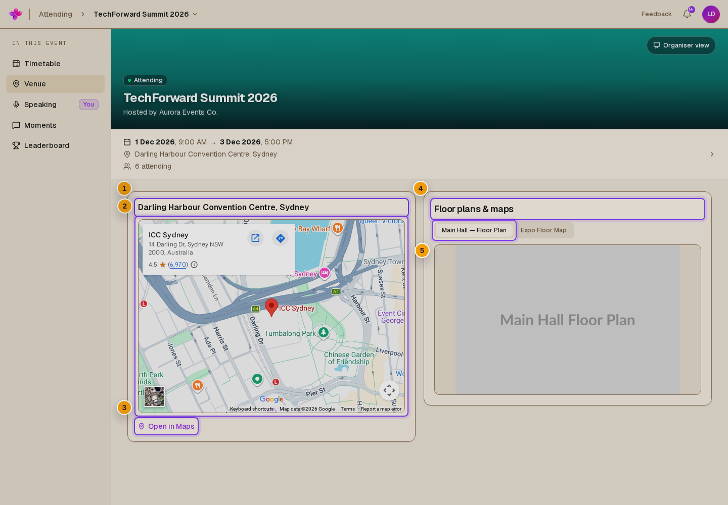 Embedded map, Open in Maps, and multiple named floor-plan controls visible