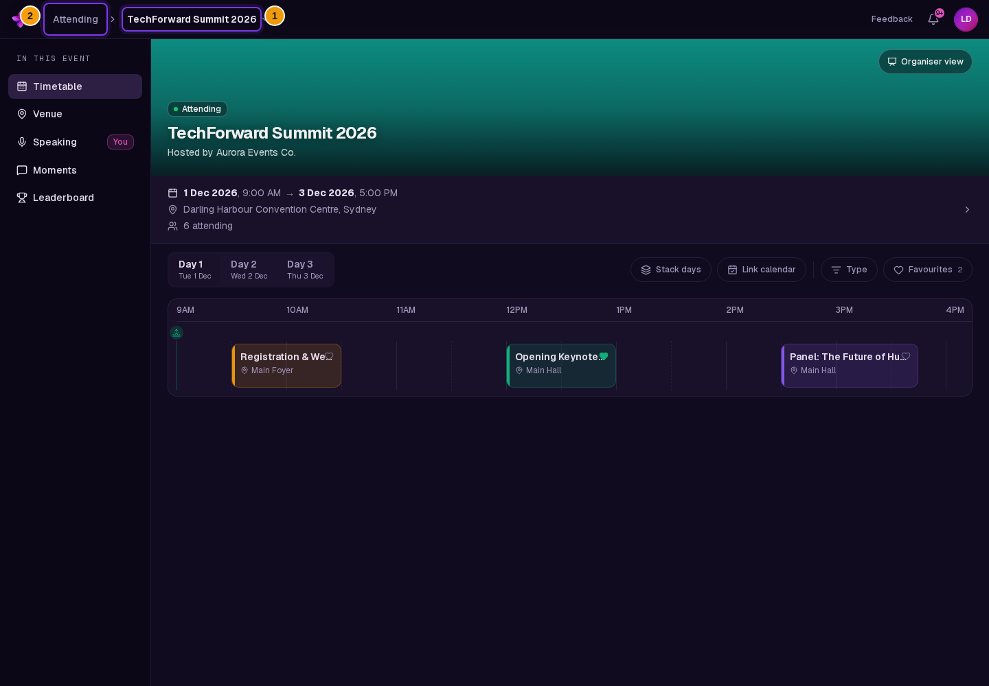 Event opened after acceptance with space available, showing the event title and Attending status