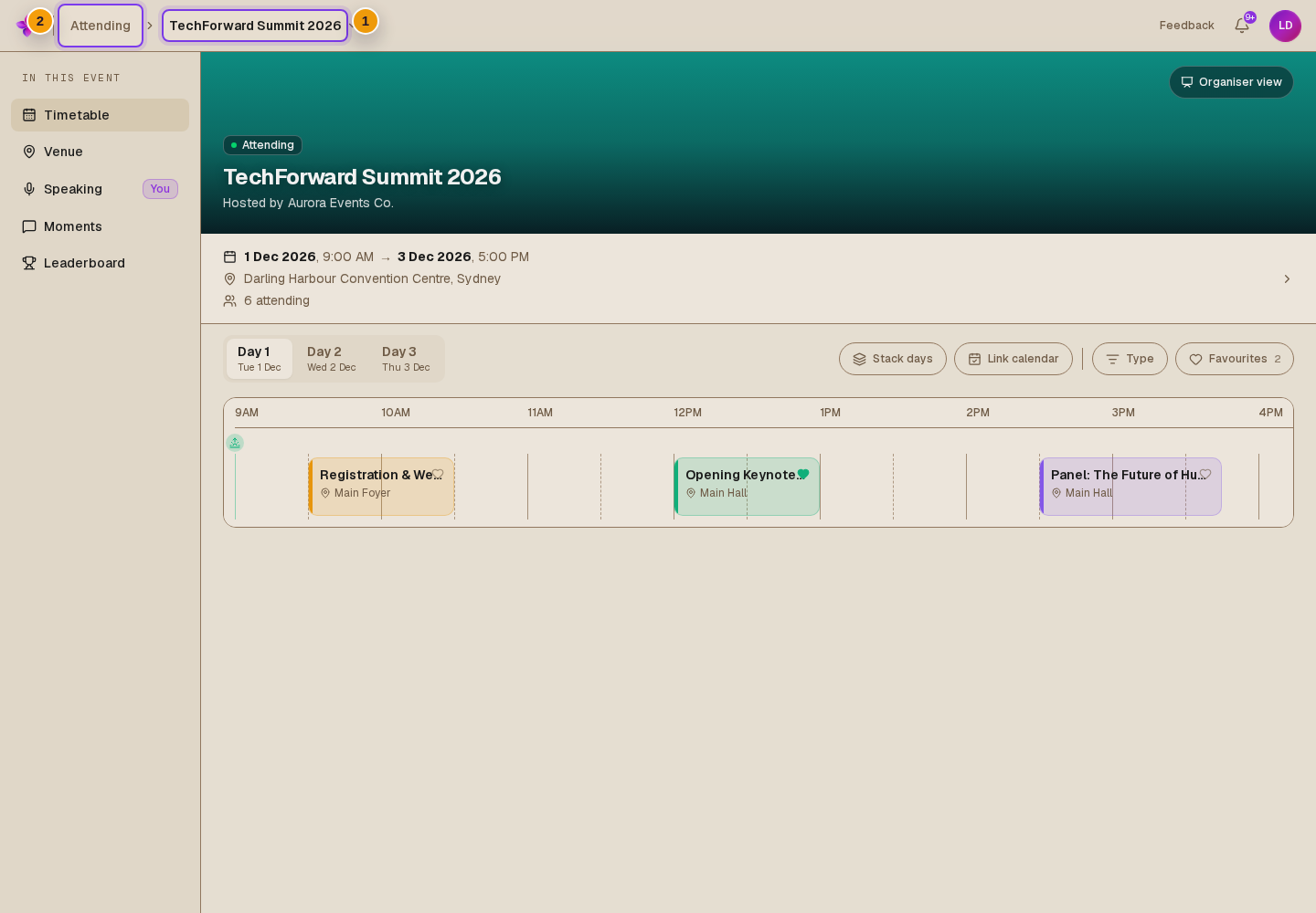 Event opened after acceptance with space available, showing the event title and Attending status