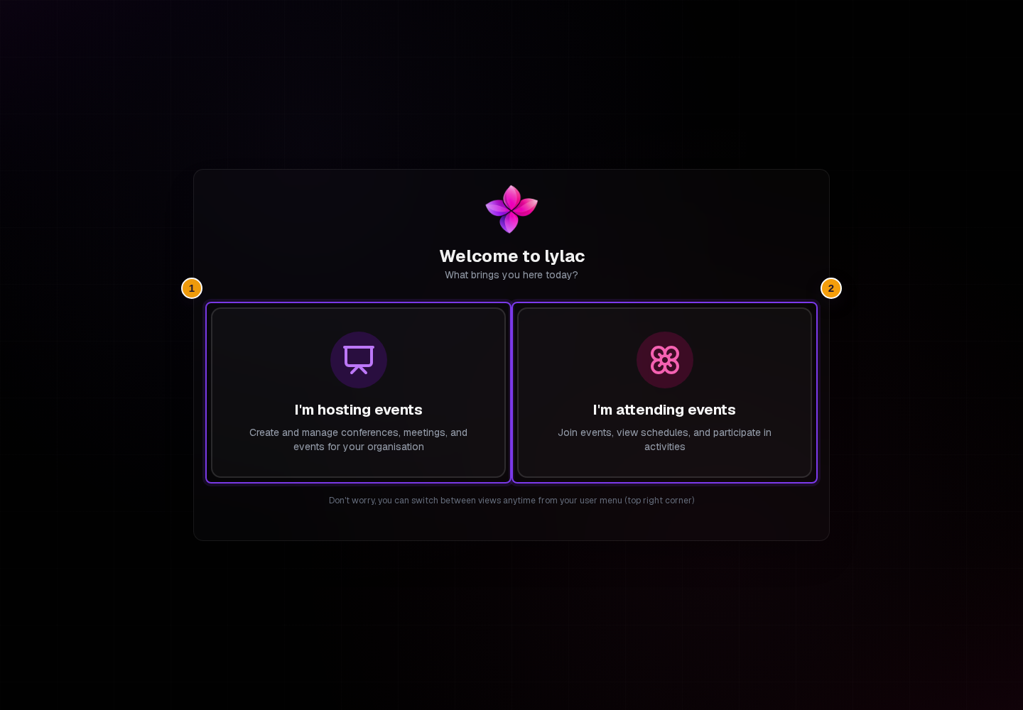 What brings you here today? with both hosting and attending cards visible before selection