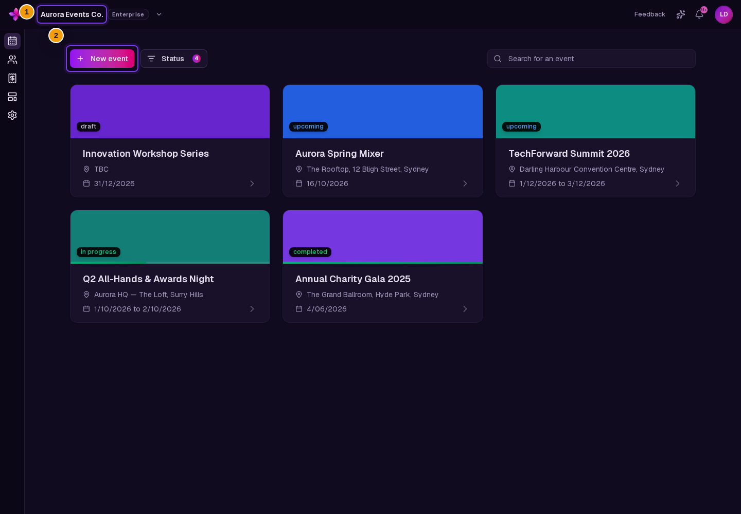 Organisation event list with the New event button visible