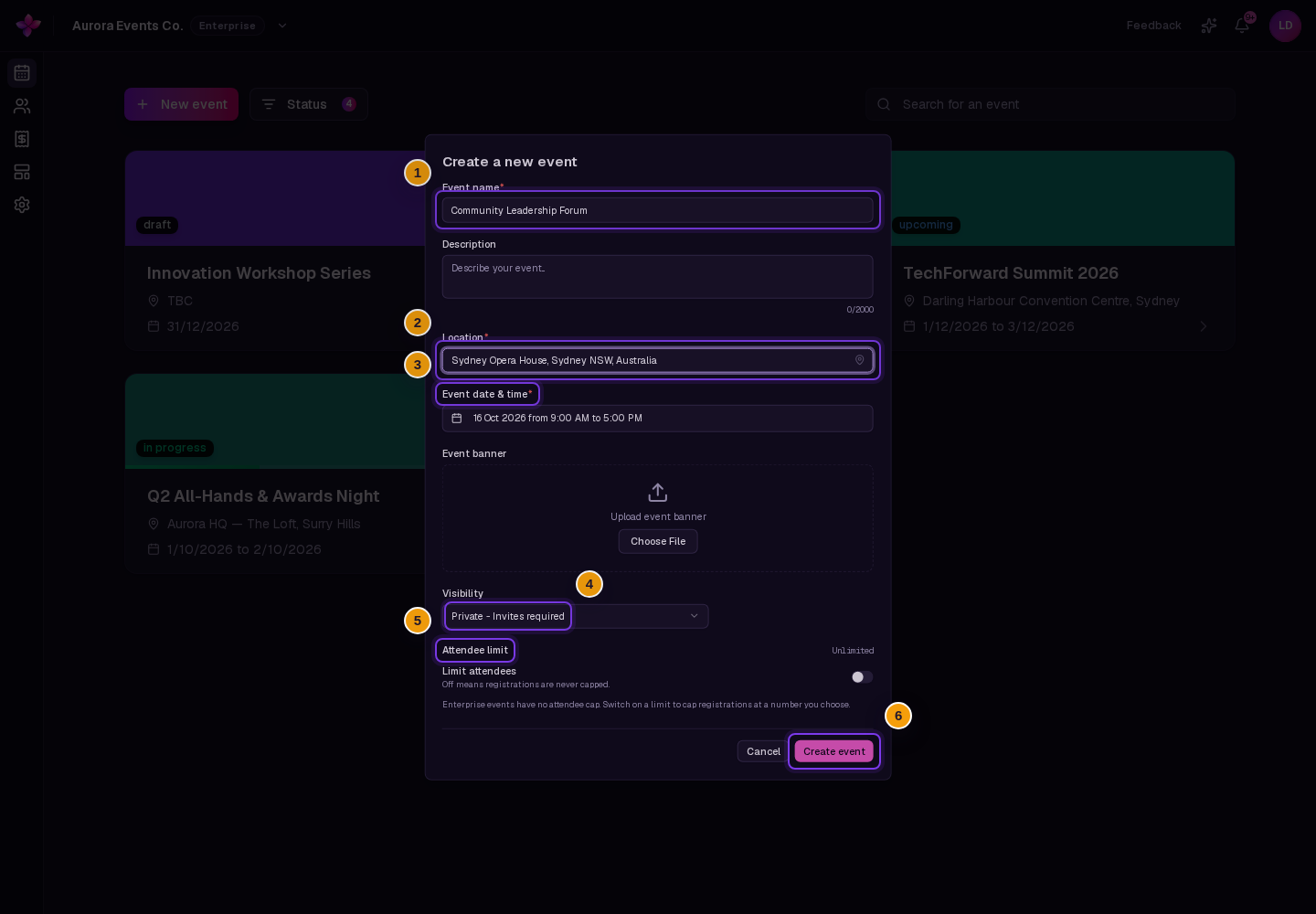 Create a new event dialog open with name, location, dates, timezone, visibility, attendee limit and submit button visible