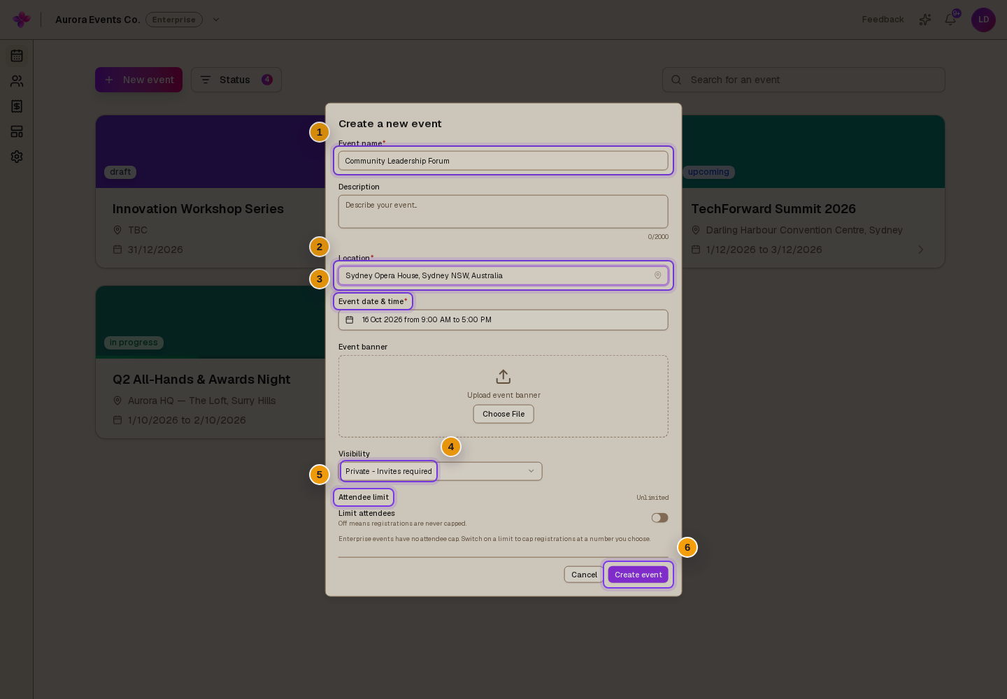Create a new event dialog open with name, location, dates, timezone, visibility, attendee limit and submit button visible