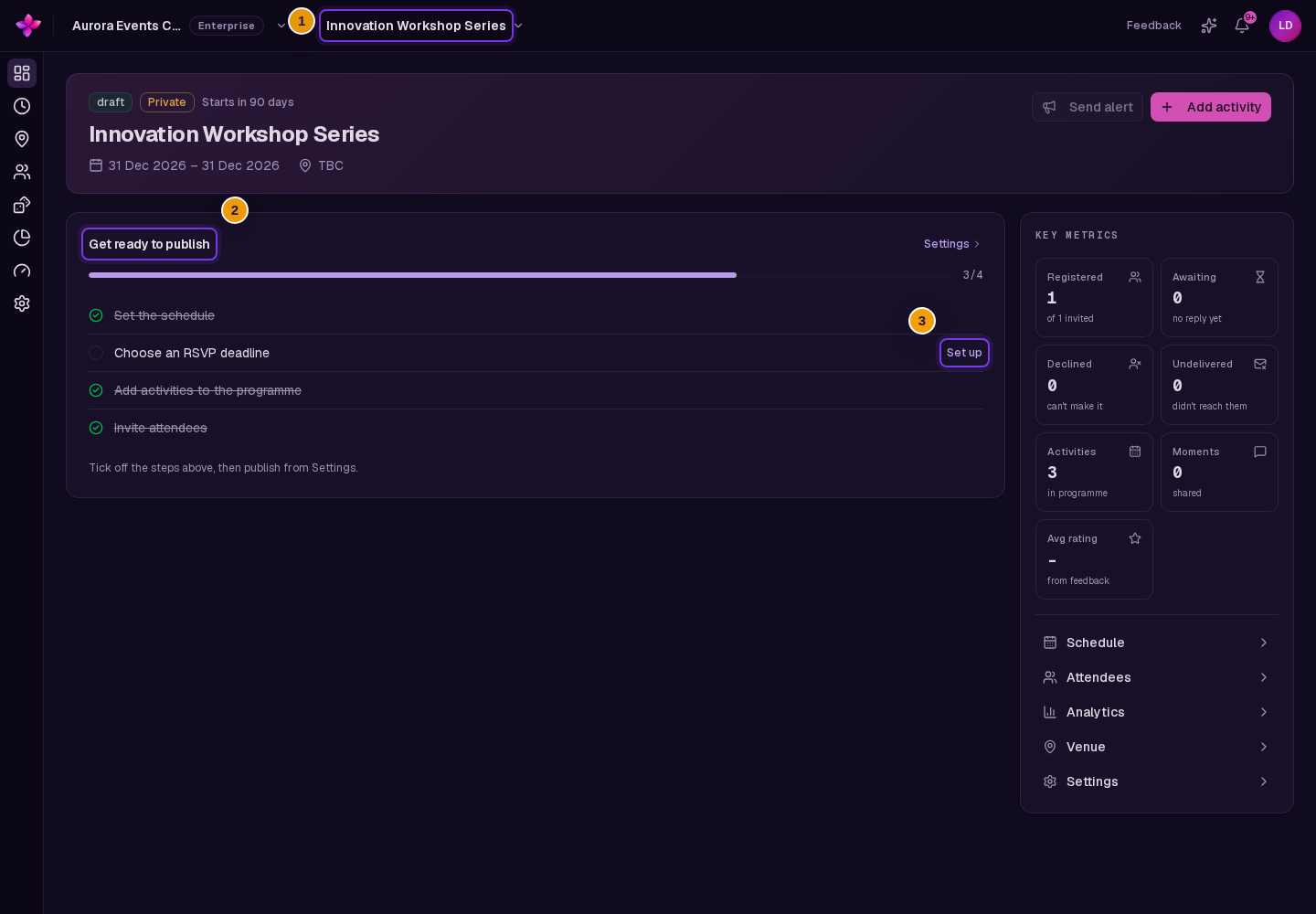 Newly created draft overview with event title and Get ready to publish checklist visible