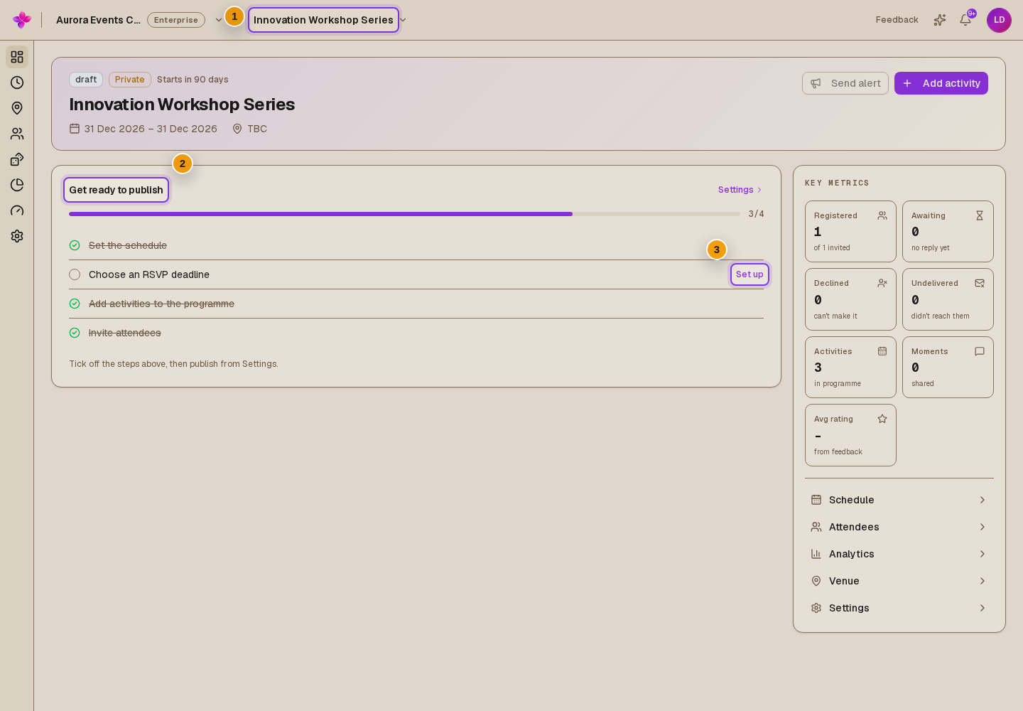 Newly created draft overview with event title and Get ready to publish checklist visible