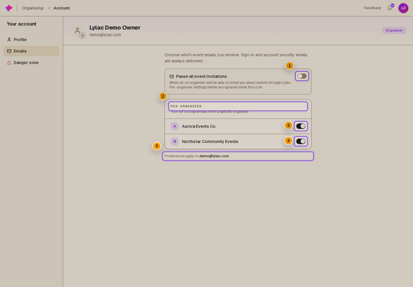 Emails tab with Pause all event invitations off, at least two Per organiser switches and Preferences apply to visible