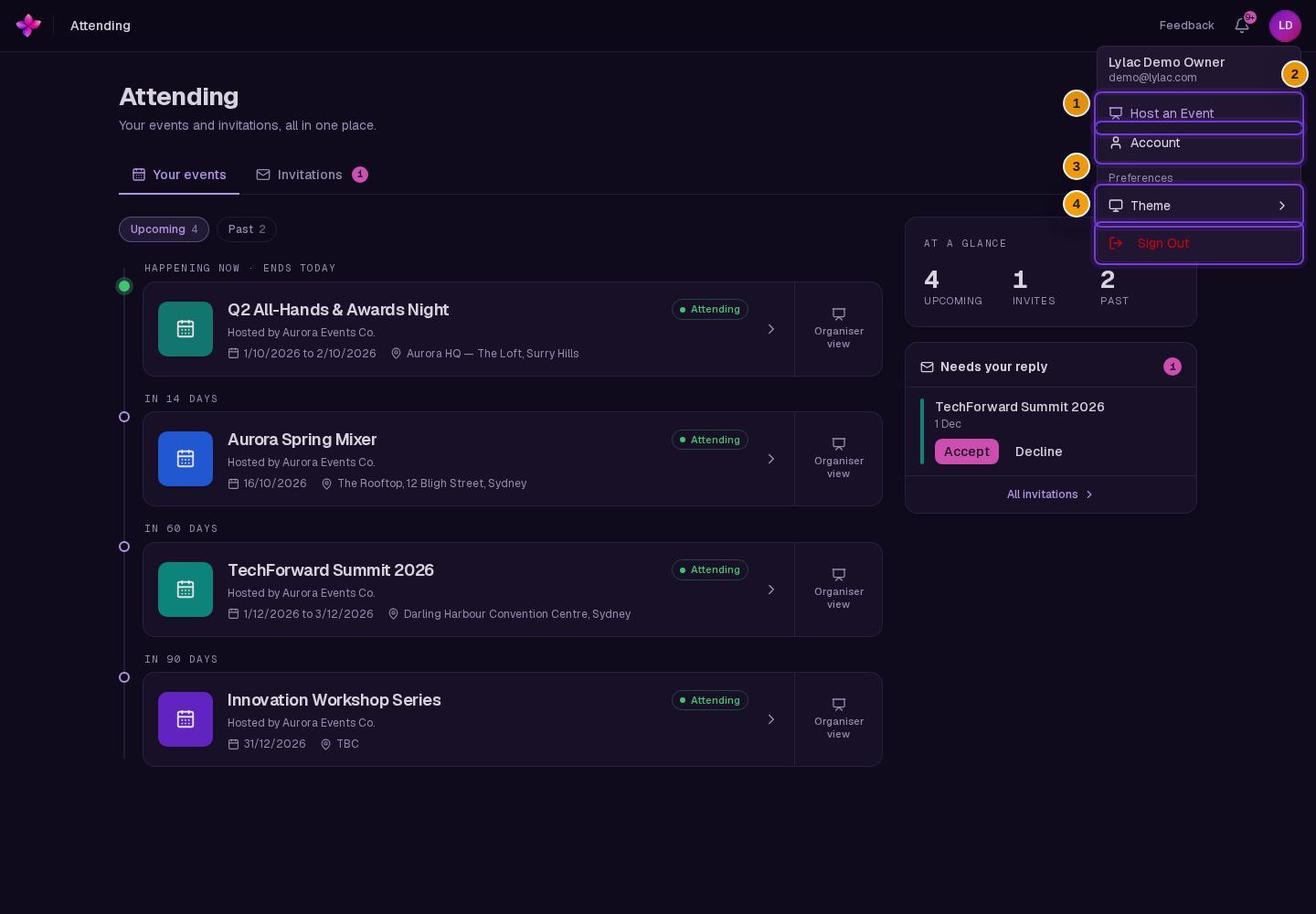 Top-right account menu open with Account, view switch, Theme and Sign Out