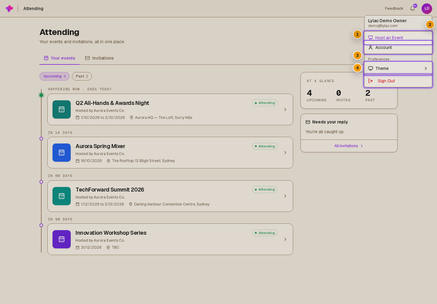Top-right account menu open with Account, view switch, Theme and Sign Out