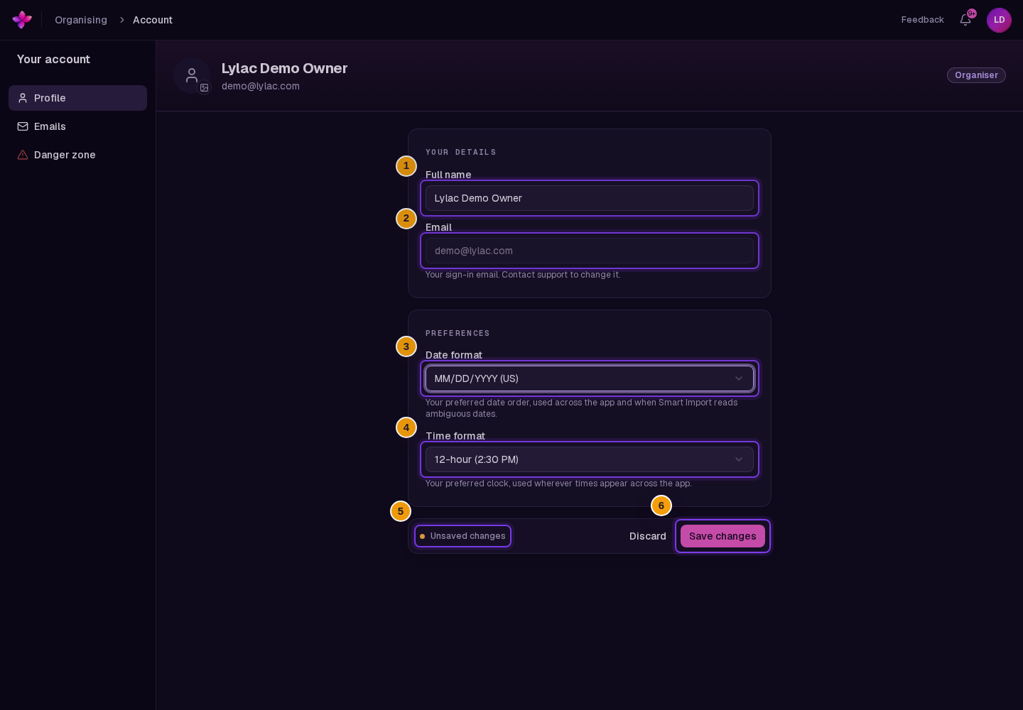 Profile tab with identity header, Full name, Email, Date format and Time format