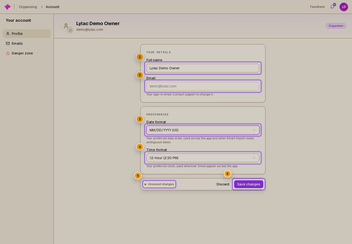 Profile tab with identity header, Full name, Email, Date format and Time format