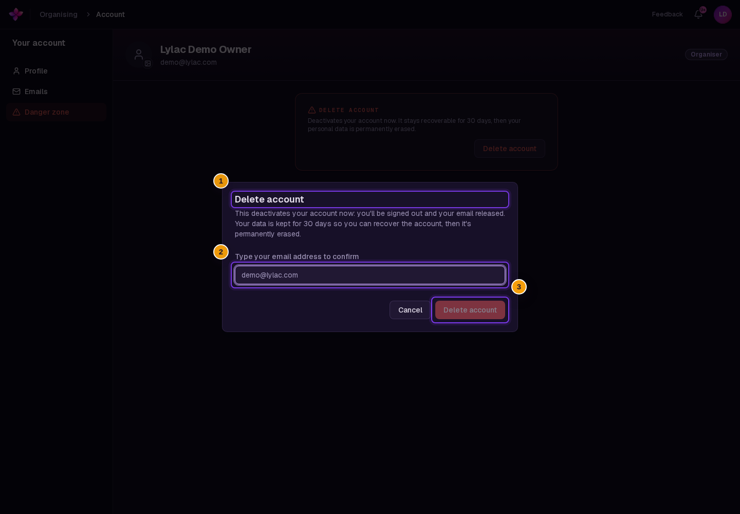 Delete account confirmation dialog for a non-SSO account with the email confirmation field