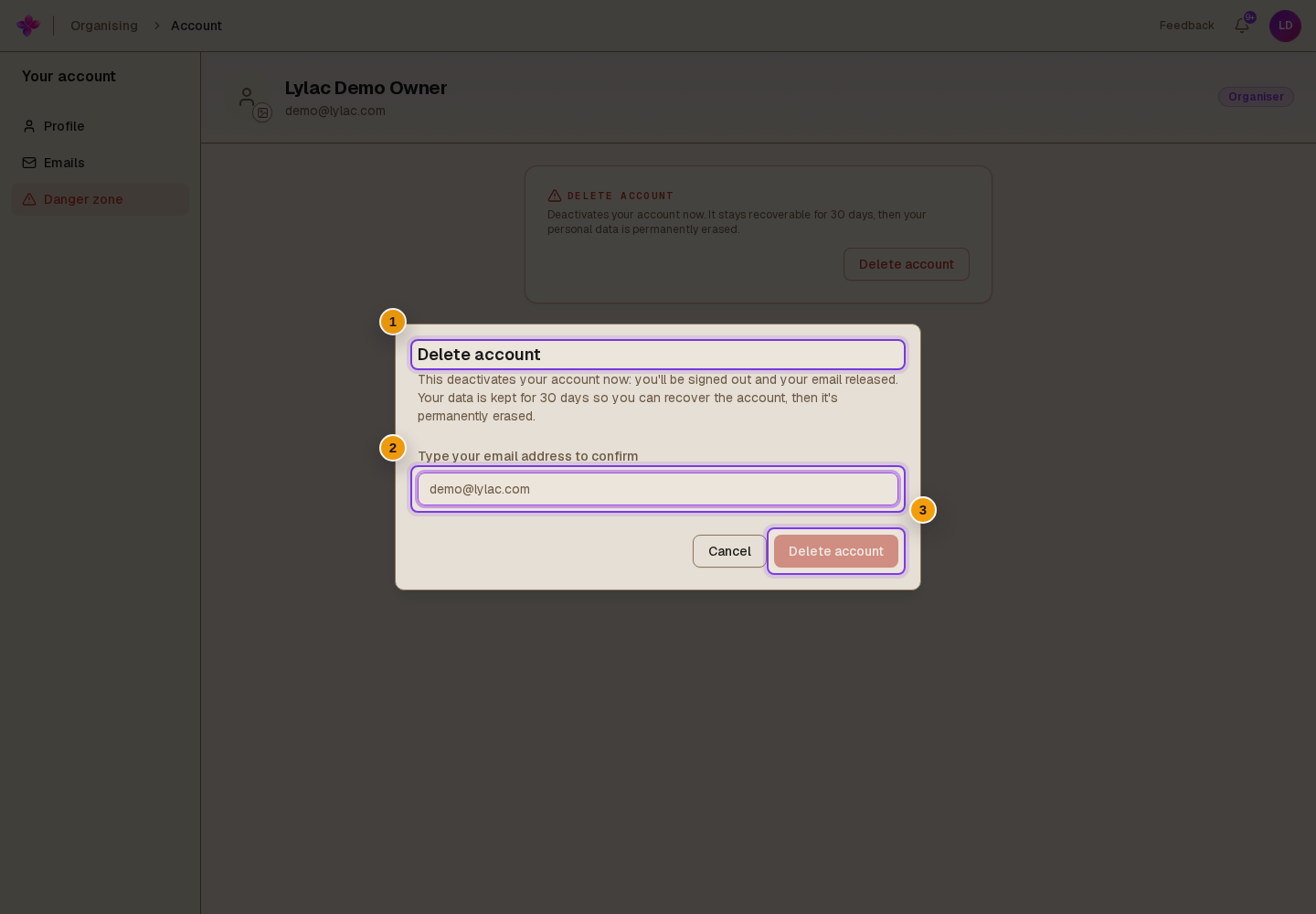 Delete account confirmation dialog for a non-SSO account with the email confirmation field