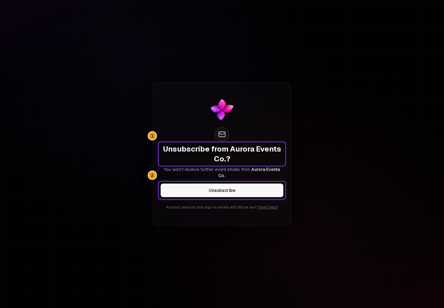 Initial Unsubscribe from [organiser]? screen with the Unsubscribe button