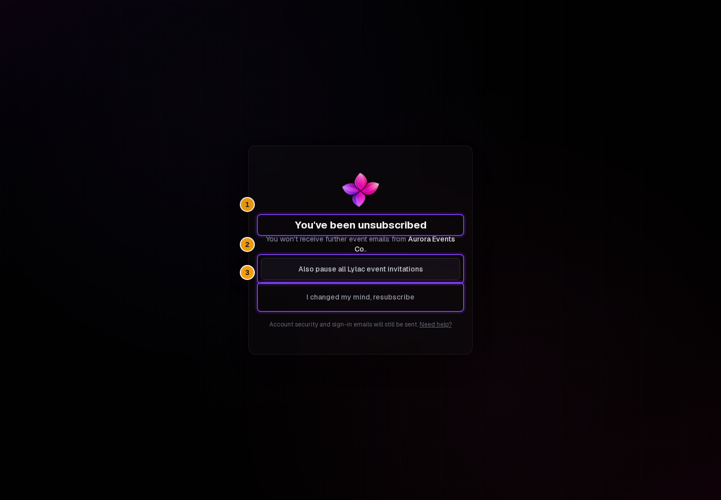 You've been unsubscribed state with Also pause all Lylac event invitations and I changed my mind, resubscribe visible