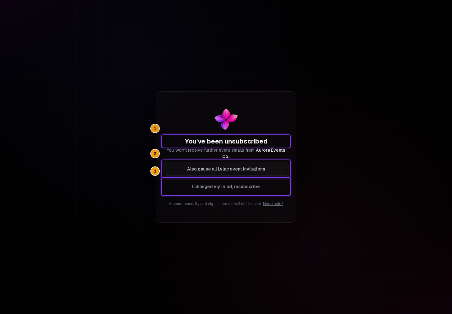 You've been unsubscribed state with Also pause all Lylac event invitations and I changed my mind, resubscribe visible