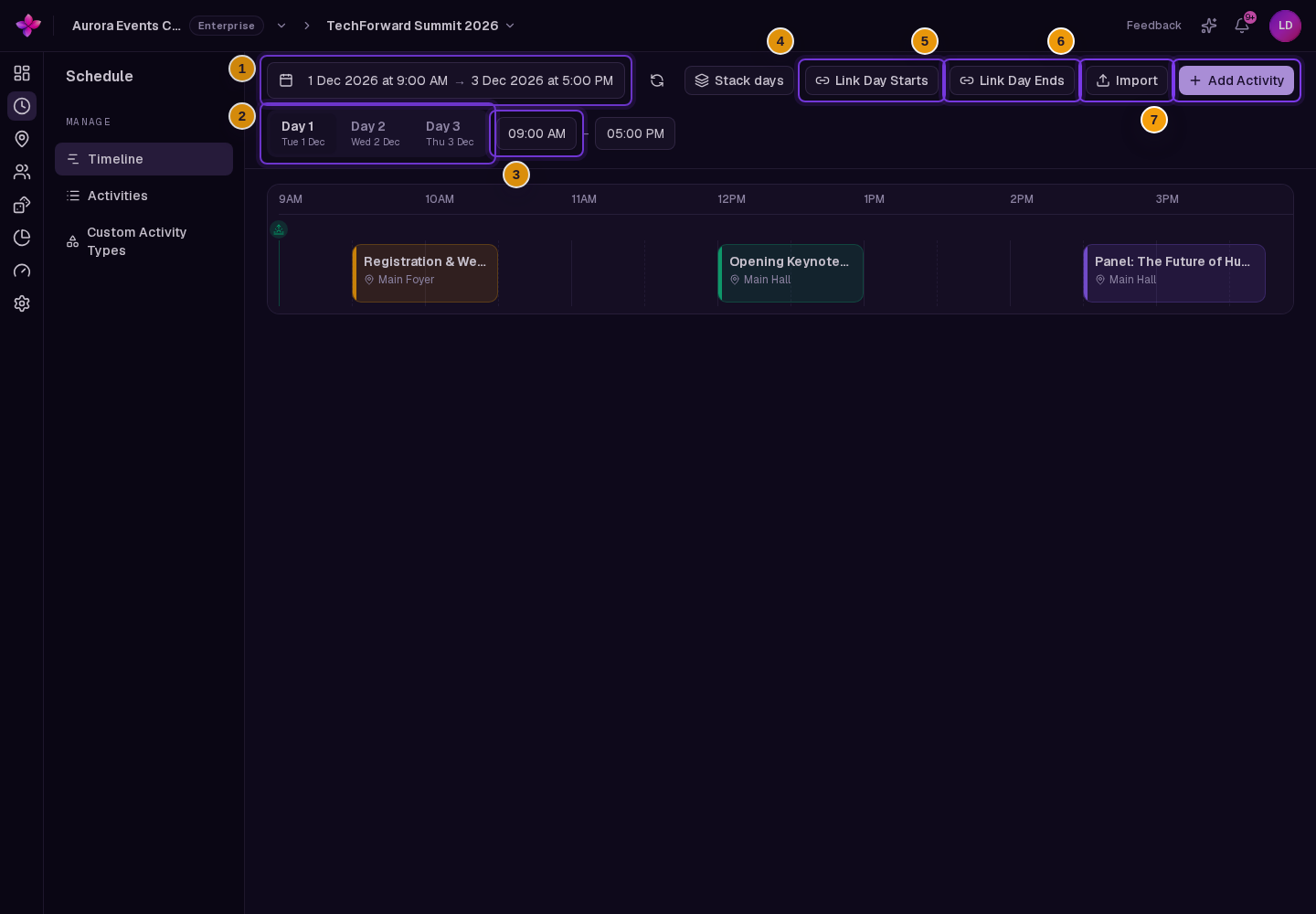 Desktop Timeline with Pick event dates and time, day tabs, day time fields, Link Day Starts, Link Day Ends, Import and Add Activity visible