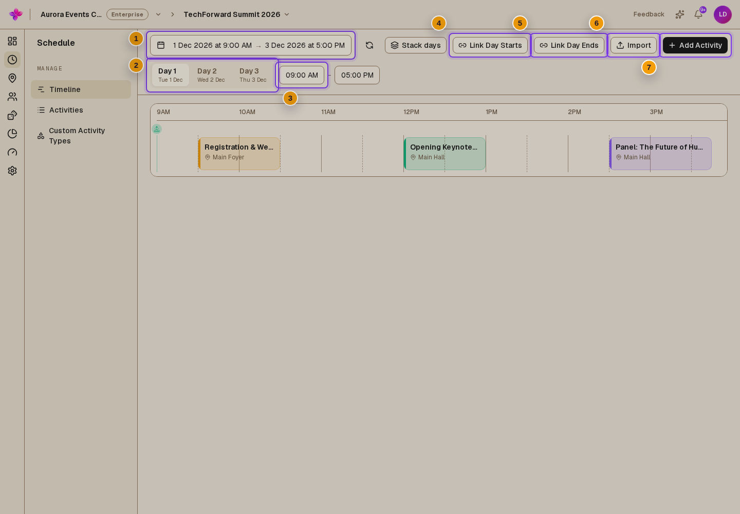 Desktop Timeline with Pick event dates and time, day tabs, day time fields, Link Day Starts, Link Day Ends, Import and Add Activity visible
