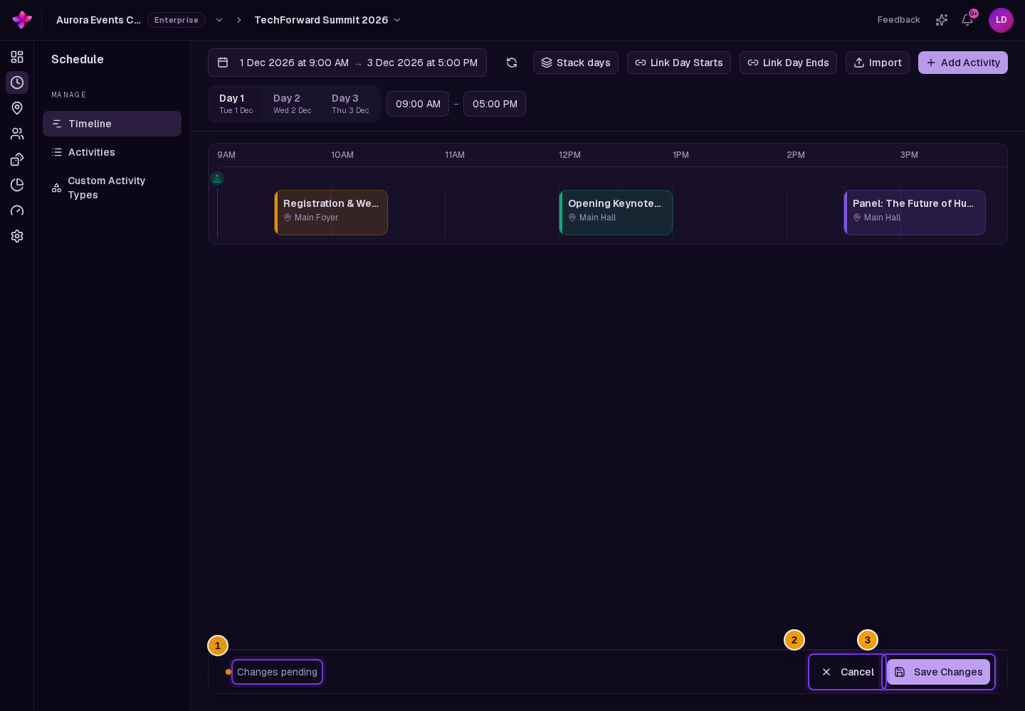 Timeline with the Changes pending, Cancel and Save Changes bar visible