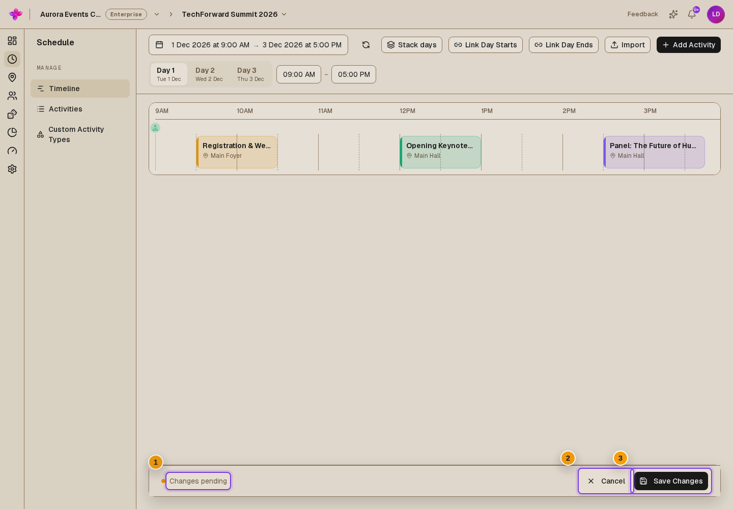 Timeline with the Changes pending, Cancel and Save Changes bar visible