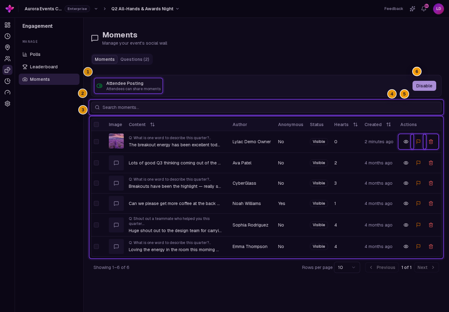 Attendee Posting, Search moments, the moments table, and moderation actions visible