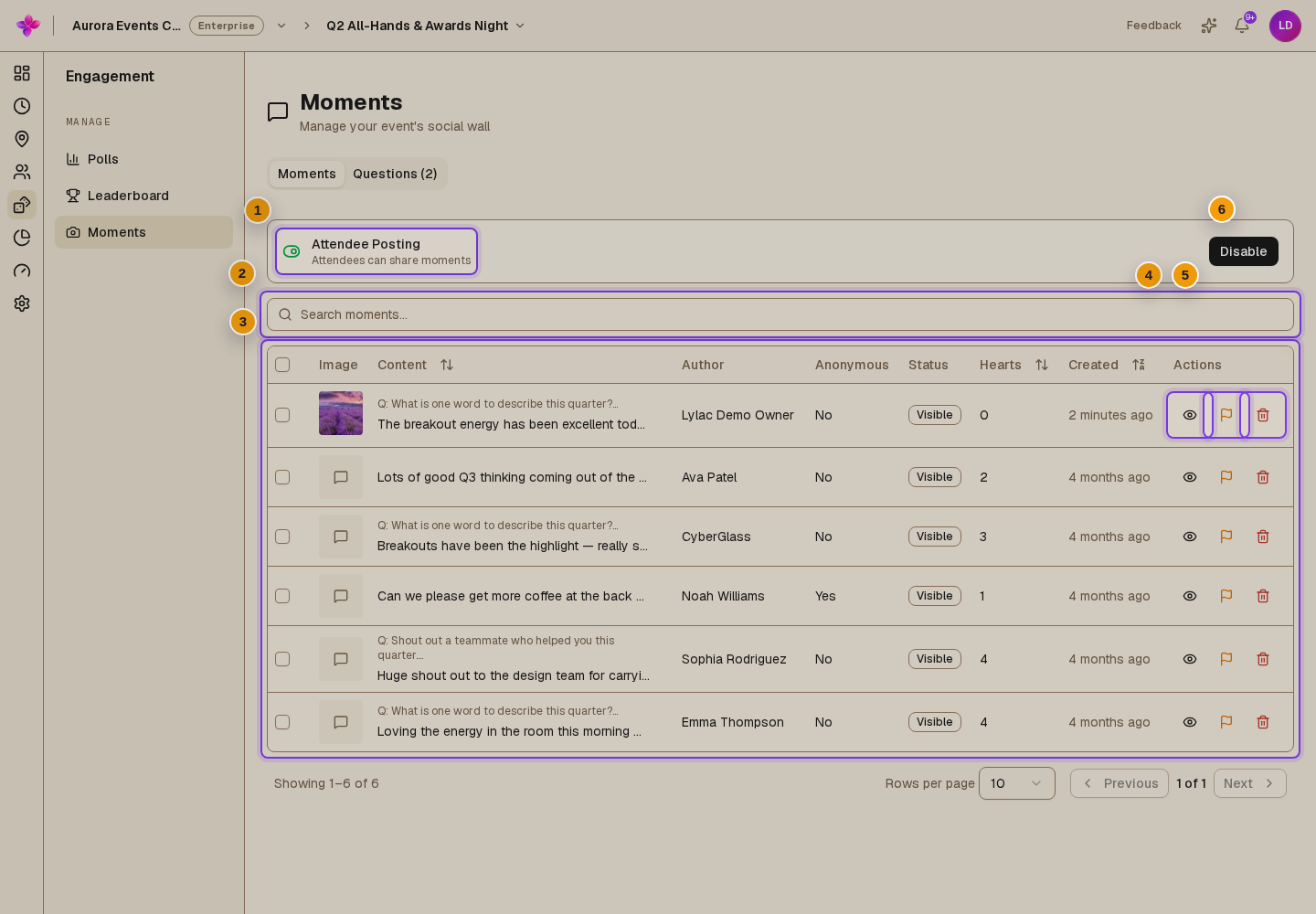Attendee Posting, Search moments, the moments table, and moderation actions visible