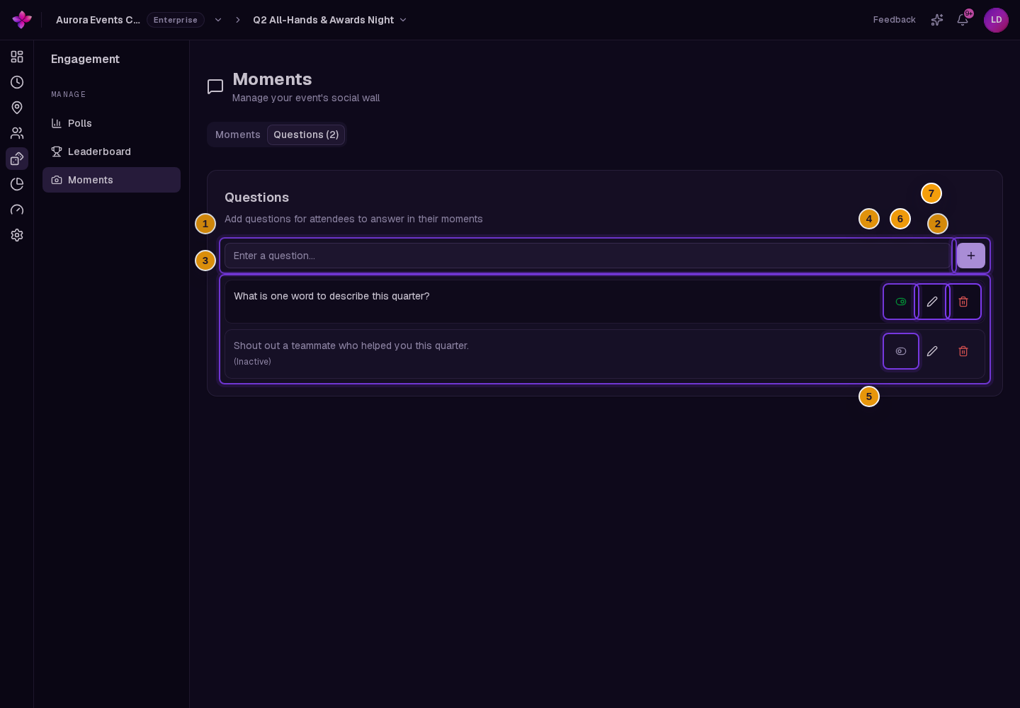 Enter a question, Add question, active and inactive questions, and question actions visible