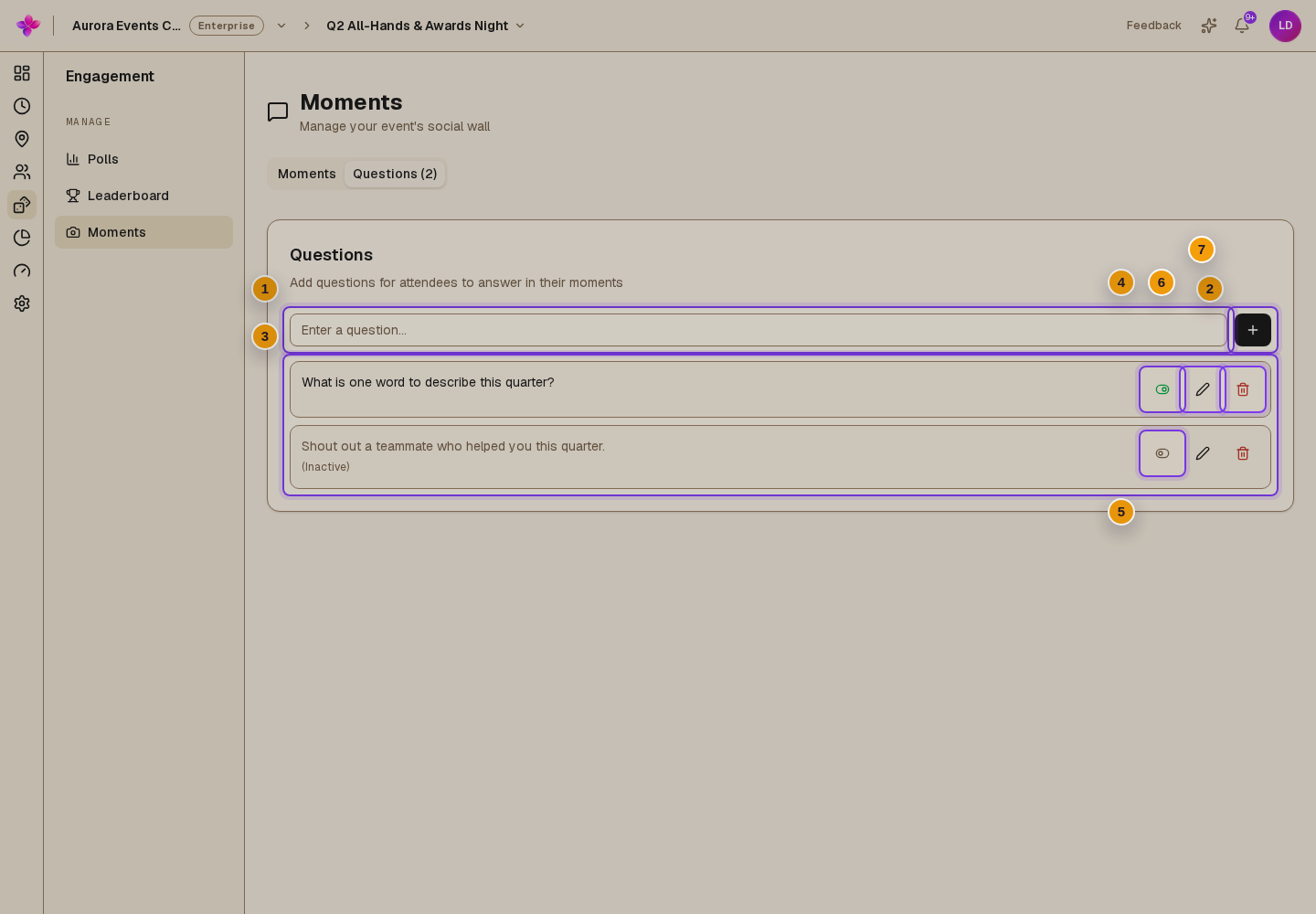 Enter a question, Add question, active and inactive questions, and question actions visible