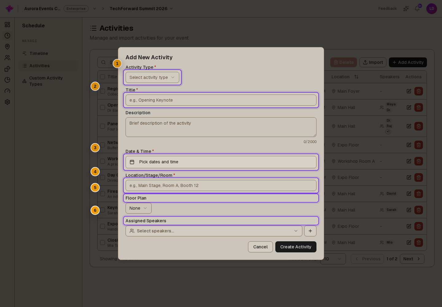 Add New Activity with Activity Type, Title, Date & Time, Location/Stage/Room, Floor Plan and Assigned Speakers visible