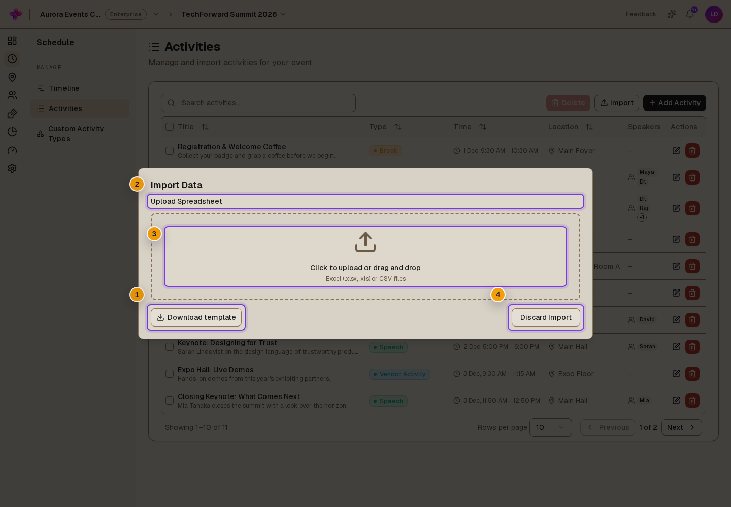 Import Data with Download template, Upload Spreadsheet and Discard Import visible