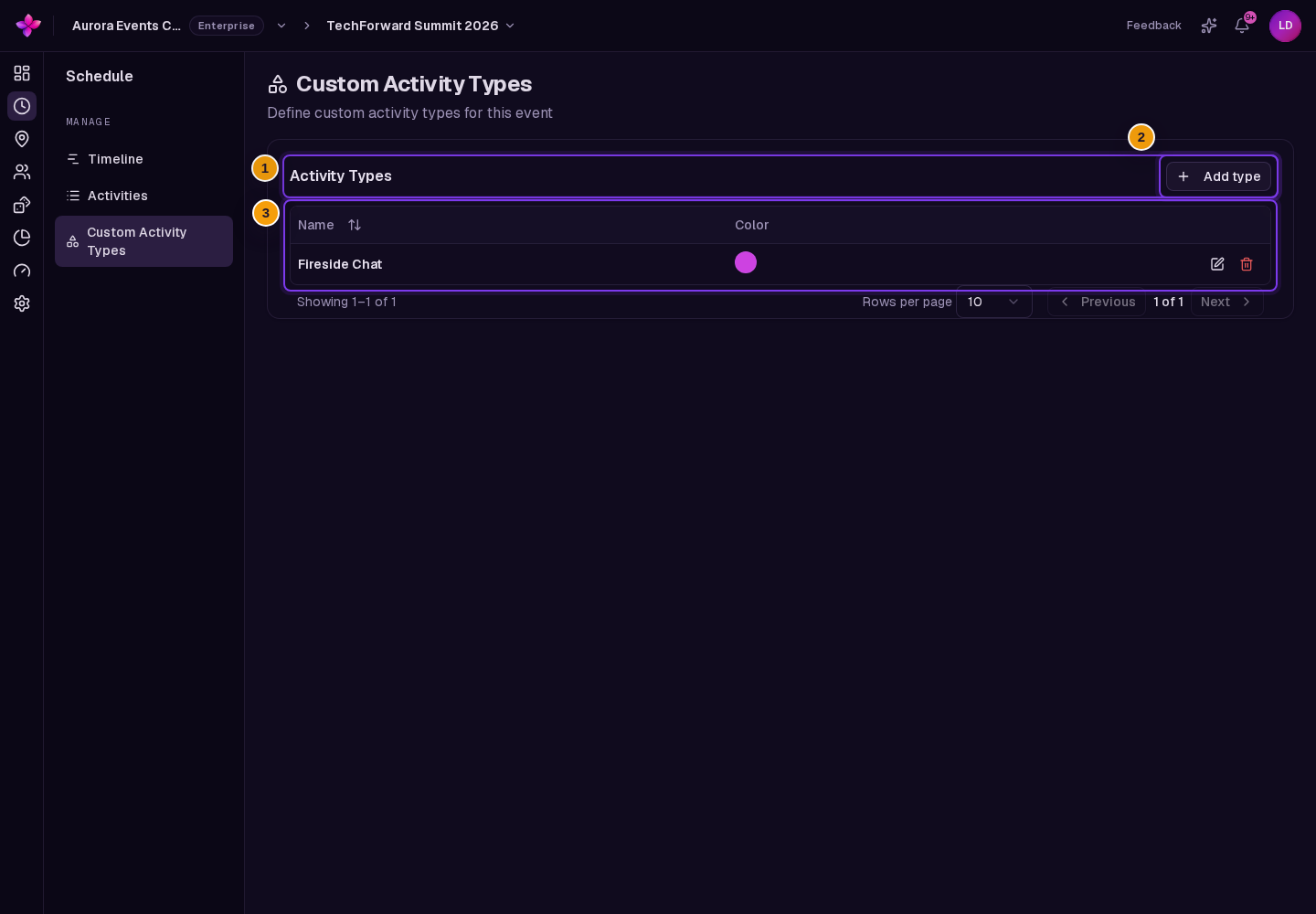 Custom Activity Types page with the Activity Types card, an existing custom type and Add type visible