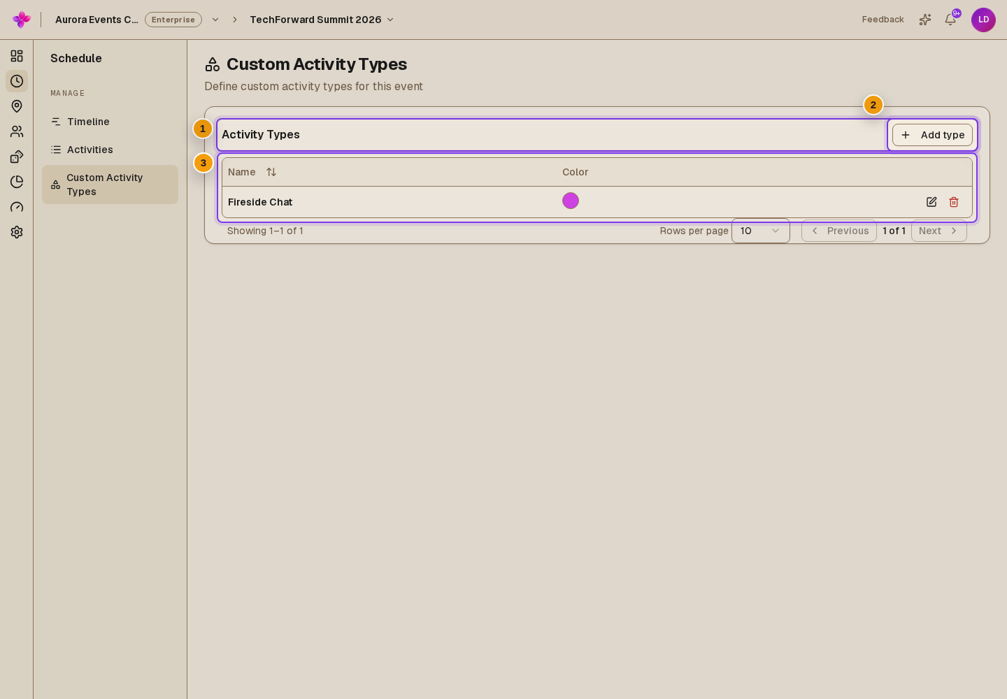 Custom Activity Types page with the Activity Types card, an existing custom type and Add type visible