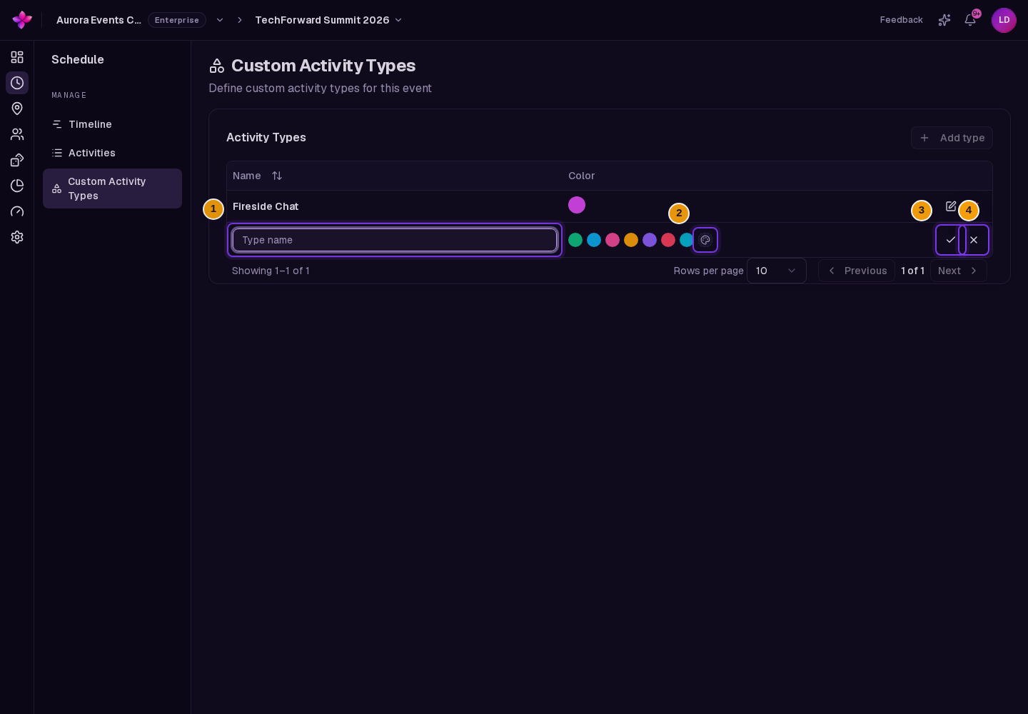 New Activity Types row with Type name, preset colour swatches, the custom colour control, Save and Cancel visible