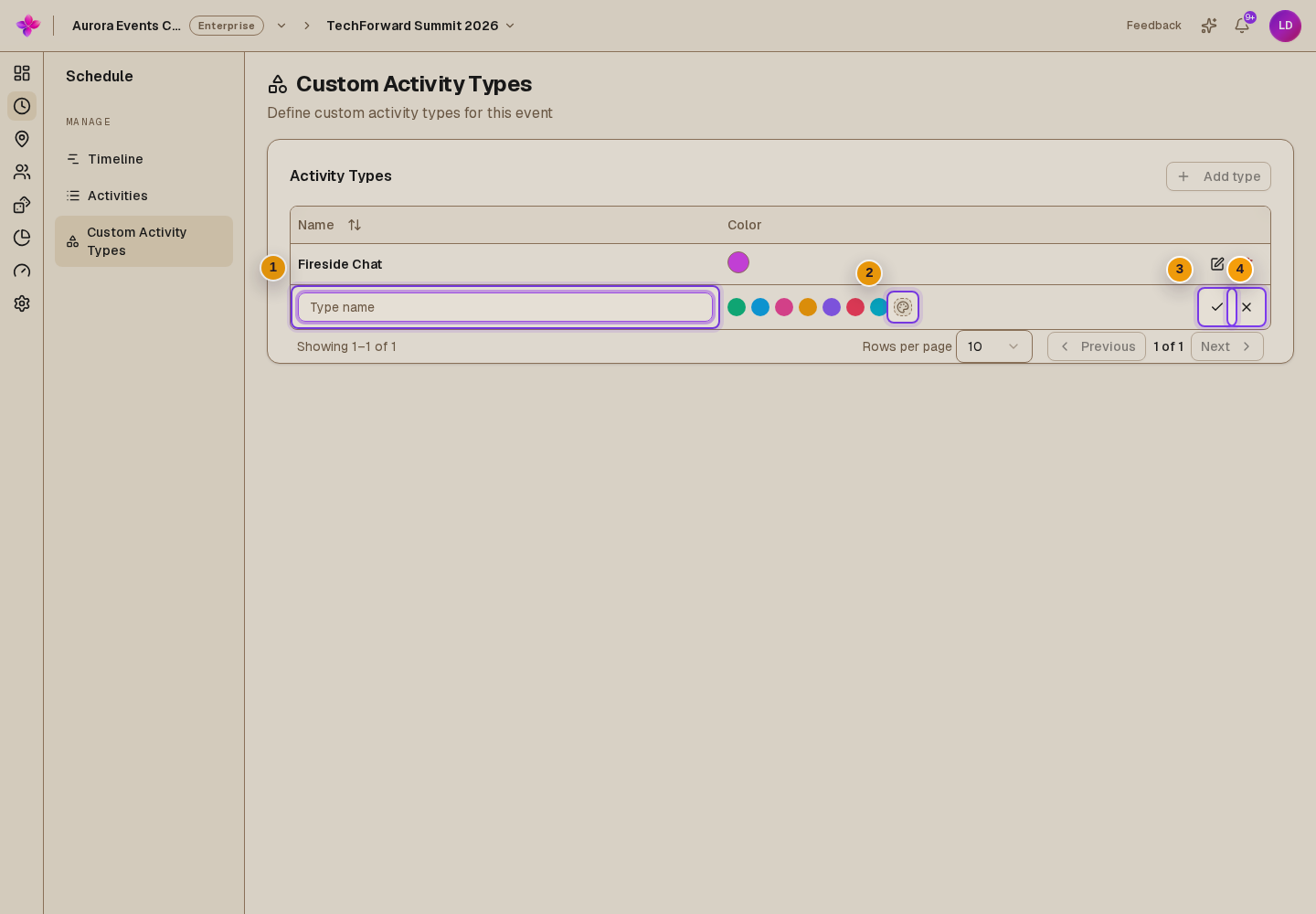 New Activity Types row with Type name, preset colour swatches, the custom colour control, Save and Cancel visible