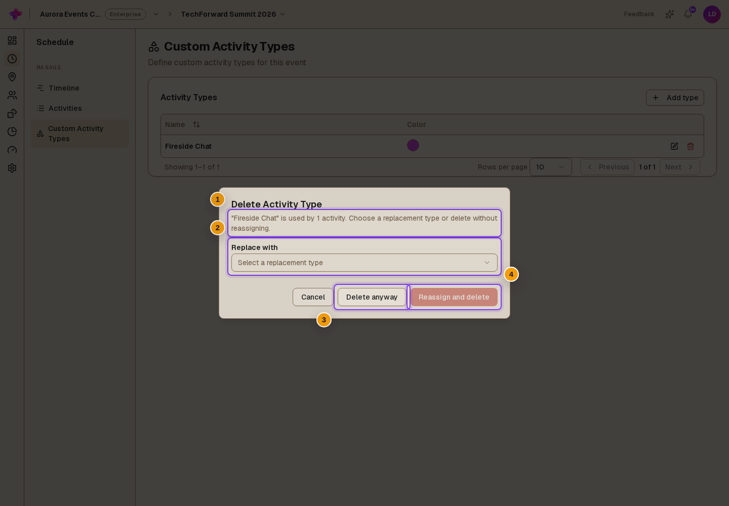Delete Activity Type for a type used by activities, with Replace with, Delete anyway and Reassign and delete visible