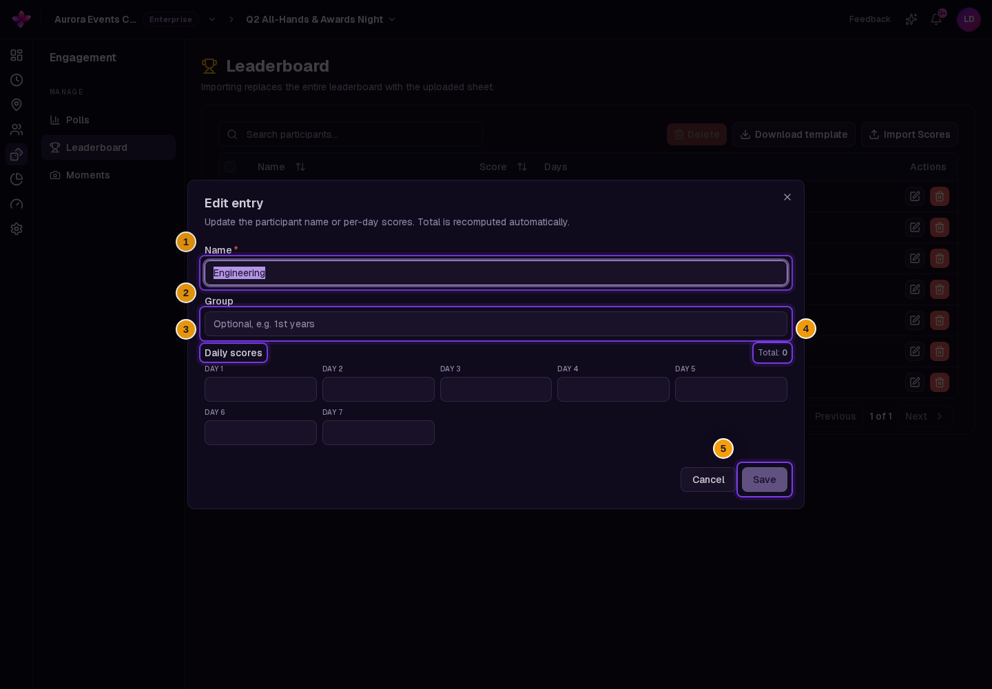 Name, Group, Daily scores, Total, and Save