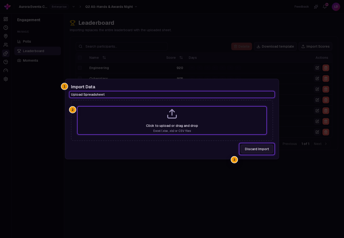 /dashboard/<org-id>/event/<event-id>/engagement/leaderboard with the import dialog open on the spreadsheet upload step
