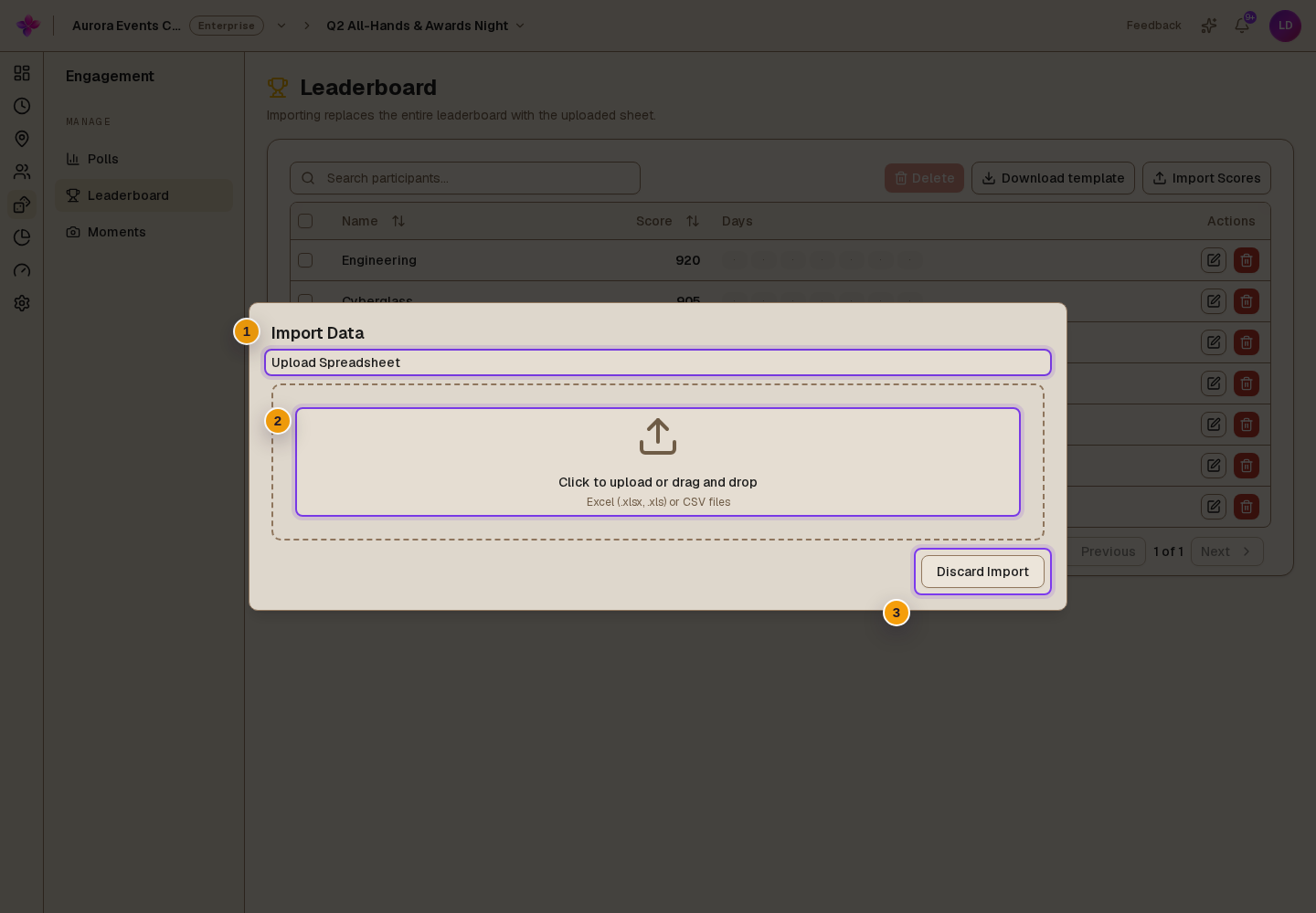 /dashboard/<org-id>/event/<event-id>/engagement/leaderboard with the import dialog open on the spreadsheet upload step