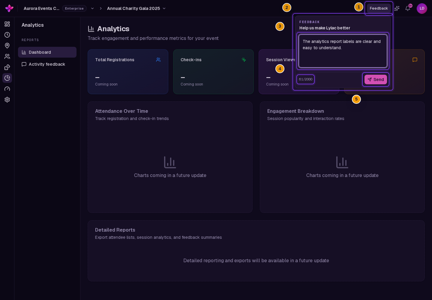 A signed-in dashboard page with Feedback open from the app header, showing Help us make Lylac better, the message box, character counter and Send button
